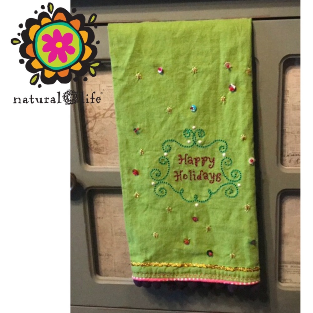 Natural Life Happy Holidays Pom Pom Tea Towel